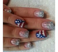 Independence Day Nails Art Square Press on con stelle e strisce disegni glitter 24 pezzi falso manicure patriottica