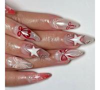 Independence Day Press On Nails 24pcs Mandorla Acrilico Falso Con Fiocchi Stella Strass Disegni Accessori Giorno dell'Indipendenza Chiodo