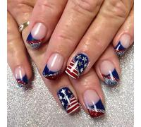 Independence Day Press On Nails Punte francesi Falso 4 luglio Patriottico Falso Coperture Piene Acrilico Giorno dell'Indipendenza Francese Suggerimento Press On Nail