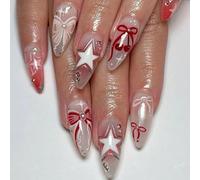 Independence Day Press Su Unghie 24 Pcs Mandorla Acrilico Unghie Finte Con Archi Stella Strass Accessori Disegni