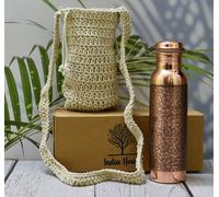 India House Handmade Engraved 100% Pure Copper Bottle with Macrame Pouch/Water Bottle/Gift/1000ml