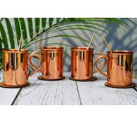 India House - Moscow Mule Cup Set | Cocktail Cup Set | I 100% Copper Glasses | Regalo per feste (puro rame liscio set di 4 tazze (4 coaster, 4 straw free)