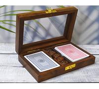 India House - Set di carte da gioco in 2 scatole di legno fatte a mano con contenitore porta carte e 5 dadi in design antico, regali per anniversari e compleanni "Made in India" (Design 1)