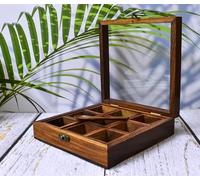 India House- Wooden Spice Box with Glass Lid - 9-Compartment Masala Dabba Organizer with Spoon - Spice Storage Container for Seasonings, Herbs - Gift for Kitchen Lovers- 9x9 inch