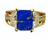 INDIA MADE Anello regolabile placcato in oro con lapislazzuli naturali di qualità deluxe da 15,25 ratti, 14 carati, con gemma regolabile certificata in laboratorio (superiore AA qualità unisex