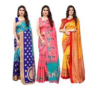 INDIA MADE Sari da donna Combo Art in seta con camicetta, confezione da 3 (blu Kora-MAITHALI Pink-MINALI Senape) multicolore-07-6366, Multicolore, taglia unica