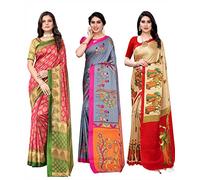 INDIA MADE Sari da donna Combo Art in seta con camicetta, confezione da 3 (rosa ALIFA - grigio DANDIYA - RAJARANI CHICKU) multicolore-04-9040, Multicolore, taglia unica