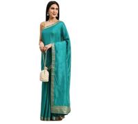 INDIA MADE Zari Sari in pura seta - 25023052, Turchese blu , taglia unica