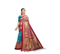 Indian Hawker Sari da donna in seta con stampa cachemire alla moda con camicetta non cucita, Verde e rosso., taglia unica