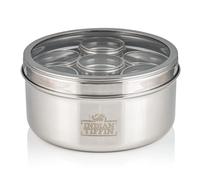 Indian-Tiffin Masala Dabba Contenitore Ermetico per Spezie - con Etichette per Spezie e Cucchiaio (Grande (20cm), coperchio trasparente, coperchi trasparenti sui vasi interni)