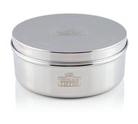 Indian-Tiffin Masala Dabba Contenitore Ermetico per Spezie - con Etichette per Spezie e Cucchiaio (Medio (18cm), coperchio in acciaio, coperchi trasparenti sui vasi interni)