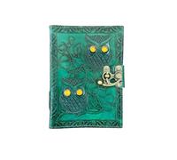 INDIANHANDICRAFT Green Leather Bound Night Owl Printed Journal Diary with Metal Closure and White Unlined Pages - 7 inch X 5 inch - 200 Pages