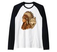 Indiano nativi Americani Donna con Lupo Bianco Vitage Maglia con Maniche Raglan