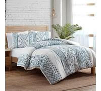 Indigo Ink Boho Geometrico Stripe Stampato Consolatore Set, Bianco/Blu Navy, Queen