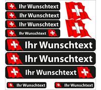 INDIGOS UG - Aufkleber Schweiz - 13 Flaggenaufkleber - Fahne wehend Sticker selbst gestalten mit Namen & Wunschtext personalisiert- Fahrrad - Autoaufkleber - Motorrad - Rennfahrer