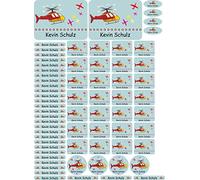 INDIGOS UG - Namensschilder für Kleidung 69 Sticker mit Wunschtext - 055 - Hubschrauber - personalisiert mit Namen - für Kinder, Schule, Kindergarten - zum Aufbügeln auf T-Shirts, Sportsachen