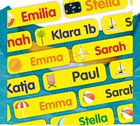 Indigos UG - Namensschilder für Kleidung zum aufbügeln - 35-105 Sticker - 35x10mm - Urlaub - Kleidung - gelb - Namensaufkleber Kinder Kleidung - Bügeletiketten für Textilien Aufkleber selbst gestalten