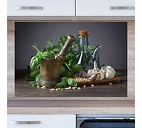 INDIGOS UG Pannello posteriore da cucina per specchio piastrellato - aglio ed erbe - 90 x 50 cm - Pannello paraschizzi in alluminio composito resistente al calore - Pannello posteriore cucina moderno