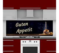 INDIGOS UG Pannello posteriore da cucina per specchio piastrellato - hamburger con coltello - 170 x 55 cm - Pannello composito di alluminio resistente al calore - Pannello posteriore cucina moderna