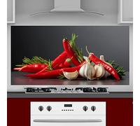 INDIGOS UG Pannello posteriore da cucina per specchio piastrellato - peperoncino con aglio - 120 x 50 cm - Pannello paraschizzi in alluminio composito resistente al calore - Pannello posteriore cucina