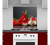 INDIGOS UG Pannello posteriore da cucina per specchio piastrellato - peperoncino con aglio - 80 x 50 cm - Pannello paraschizzi in alluminio composito resistente al calore - Pannello posteriore cucina