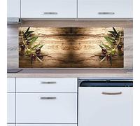 INDIGOS UG Pannello posteriore da cucina per specchio piastrellato - Ramo d'oliva su legno - 130 x 50 cm - Pannello paraschizzi in alluminio composito resistente al calore - Pannello posteriore cucina