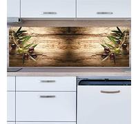 INDIGOS UG Pannello posteriore da cucina per specchio piastrellato - Ramo d'oliva su legno - 150 x 50 cm - Pannello paraschizzi in alluminio composito resistente al calore - Pannello posteriore cucina