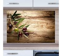 INDIGOS UG Pannello posteriore da cucina per specchio piastrellato - Ramo d'oliva su legno - 60 x 60 cm - Pannello composito di alluminio resistente al calore - Pannello posteriore cucina moderno