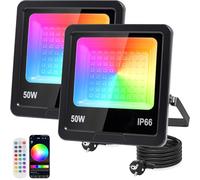 Indmird 2 Pezzi Faretto LED RGB 50W, Faro Led Rgb Esterno con 360° Telecomando e APP Bluetooth IP66 Impermeabile Proiettori RGB 16 Milioni di Colori Dimmerabile Faretti rgb per Esterni Festa Halloween