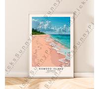 Indonesia da Viaggio Poster Komodo Island Stampa Rosa Spiaggia Illustrazione Art