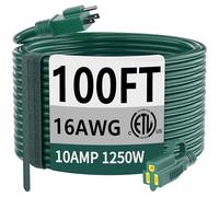 Indoor Outdoor Green Extension Cord 100 ft Waterproof, 16/3 Gauge Flexible Cold-Resistant Appliance Extension Cord Outside, 10A 1250W 16AWG SJTW, 3 Prong Heavy Duty Electric Cord, ETL HUANCHAIN