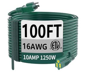 Indoor Outdoor Green Extension Cord 100 ft Waterproof, 16/3 Gauge Flexible Cold-Resistant Appliance Extension Cord Outside, 10A 1250W 16AWG SJTW, 3 Prong Heavy Duty Electric Cord, ETL HUANCHAIN