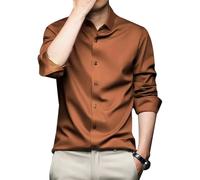 IndoPrimo Camicia casual da uomo elegante in raso tinta unita per uomo manica lunga, marrone, 50