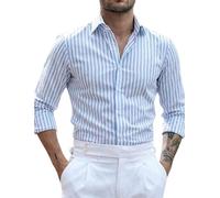 IndoPrimo Camicia da uomo a righe, per il tempo libero, formale, a maniche lunghe, con bottoni, in cotone, per l'ufficio, cielo, S