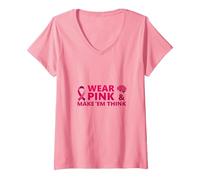 Indossa Il Rosa e Fai Pensare: Ispirazione per la consapevolezza del Cancro Maglietta con Collo a V, Donna, Rosa, XL