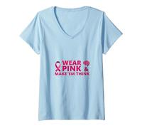 Indossa Il Rosa e Fai Pensare: Ispirazione per la consapevolezza del Cancro Maglietta con Collo a V, Donna, Celeste, M