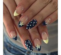 Indossa unghie per manicure francese Stelle geometriche gialle con dettaglio ABS resistente alla rottura per unghie finte con gialle per le vacanze della sposa
