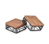 Indus Lifespace Alzata da tavolo quadrata per dessert con ripiano superiore in legno marrone rustico e base in filo metallico, set di 2 (10,16 cm x 10,16 cm x 4,44 cm)