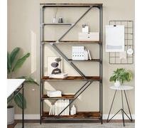 Industrial Bookshelf 91x36x176 cm - Modern Storage Shelf with Adjustable Feet for Living Room Office Multilayer Wood Steel Structure Rustic Oak Smoke Finish - Wall Mountable Library Shelf