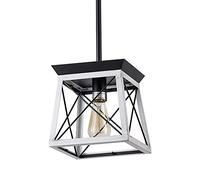 Industrial Metal Cage Chandelier Foyer 8.2inch Oak Wooden Finish Hanging Ceiling Porch Lighting Fixture Pendant Lantern Lamp for Hallway Dining Room Light