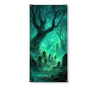 Infestante copertura per porta del cimitero decorativo, scena della foresta spettrale, decorazione per porta d'ingresso, per interni ed esterni, sfondo da appendere per Halloween, forniture per