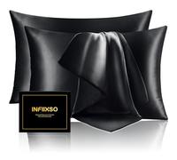 INFIIXSO - Federe in seta 2 confezioni formato standard, ultra lisce e morbide, federa in seta di gelso per capelli e pelle, federa in seta traspirante e rinfrescante con cerniera nascosta (Nero