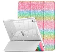 INFILAND Custodia per iPad 9a generazione 2021/iPad 8a generazione 2020/iPad 7a generazione 2019 da 10,2", custodia glitterata con retro trasparente, portapenne per bambini e ragazze (arcobaleno