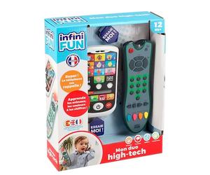 Infini Fun - My Duo High-Tech telefono + telecomando - 1 telecomando trilingue francese/inglese/spagnolo e 1 telefono ultra realistico! - Giocattoli d'imitazione Multi-apprendimento da 12 mesi