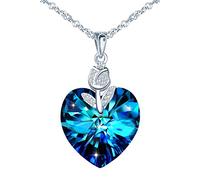 INFINIONLY Collana Cristallo da Donna e Ragazza in Argento 925, Ciondolo Cuore dell'Oceano con Mini Fiore di Rosa, Intarsiato Zircone, Catena da 45cm