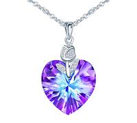 INFINIONLY Collana Cuore di Cristallo da Donna e Ragazza, in Argento 925, Ciondolo dell'Oceano Con Mini Fiore di Rosa, Catena da 45cm, Viola Chiaro