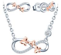 INFINIONLY Collana e Orecchini da donna ragazza, Parure di gioielli in argento 925, Simbolo dell'infinito in argento intarsiato con farfalle in oro rosa, Zircone, Processo di galvanica bicolore