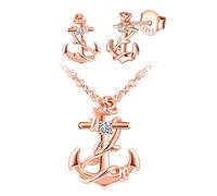 INFINIONLY Collana e Orecchini di ancora da donna ragazza, Parure di gioielli in argento 925, Ciondolo con ancora intrecciata di fiori di rosa, Orecchini con ancora-fiori di rosa, zircone, oro rosa