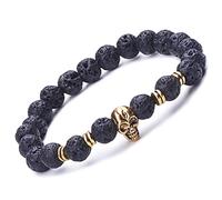 Infinite U, bracciale elastico con teschio e perle da 9 mm, in lega e pietra lavica, unisex, mala da polso, yoga, bracciale per la meditazione, da donna e da uomo, color nero e oro