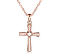 Infinite U - ciondolo classico a forma di croce con cuore, collana in argento sterling 925, con zirconia cubica per donna/ragazza, in oro rosa